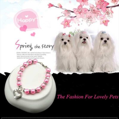 Pearl Necklace Pet Collar With Rhinestone Heart Pendant Cat Dog Jewelry