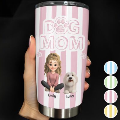 Dog Mom Cute Stripes & Paw Print Personalized Stainless Steel Tumbler