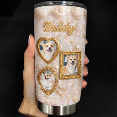 Dog And Owner Gold Frame & Pearl Design Personalized Stainless Steel Tumbler
