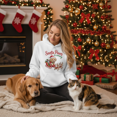 Santa Paws Christmas Dog Hoodie Festive Graphic Unisex Sweatshirt Apparel